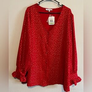 Red V-Neck Blouse with Gold Dot Print